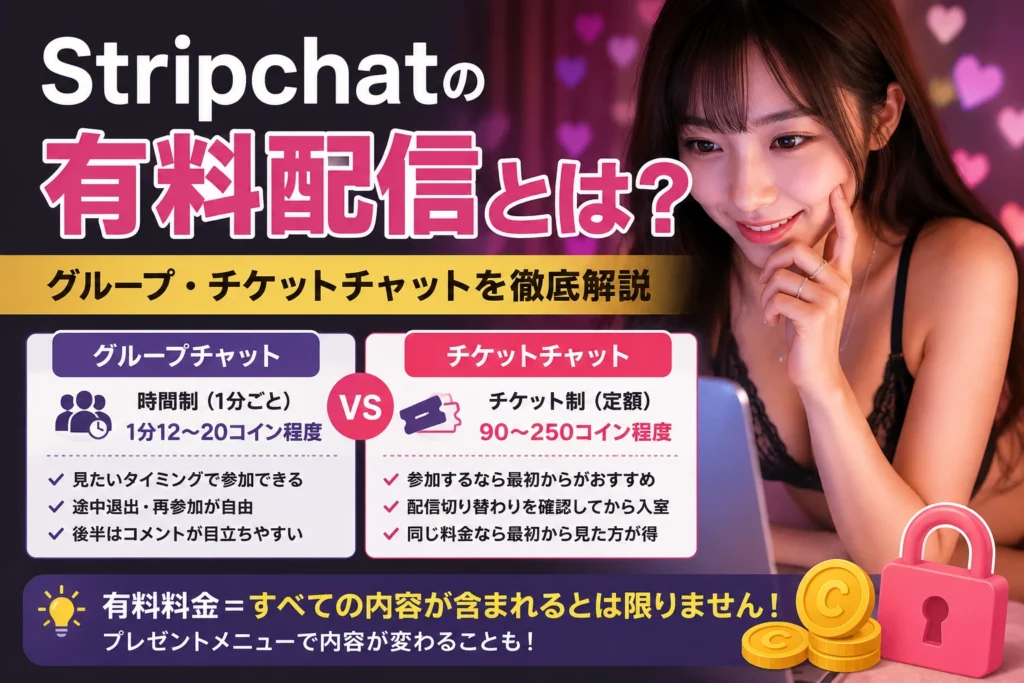 ストリップチャットの有料配信とは？無料配信との違い・グループ・チケットチャットを徹底解説